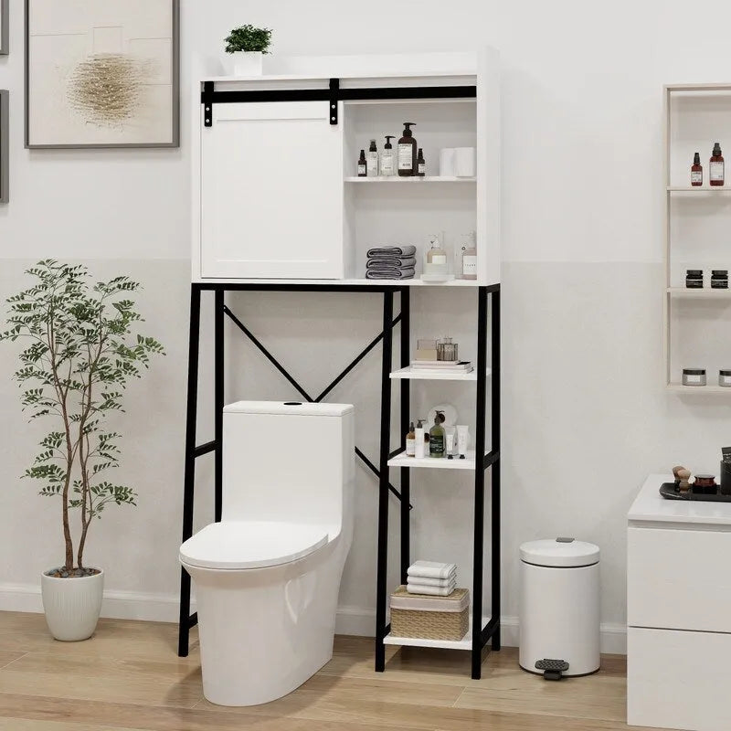 Meuble de rangement de salle de bain au-dessus des toilettes avec porte de grange Mid-Century Modern