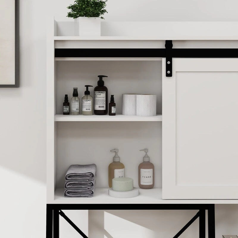 Meuble de rangement de salle de bain au-dessus des toilettes avec porte de grange Mid-Century Modern