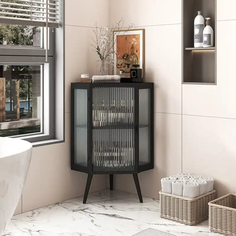 Meuble d'angle de salle de bain de style moderne de 22,25 po avec portes en verre trempé et étagère intérieure réglable