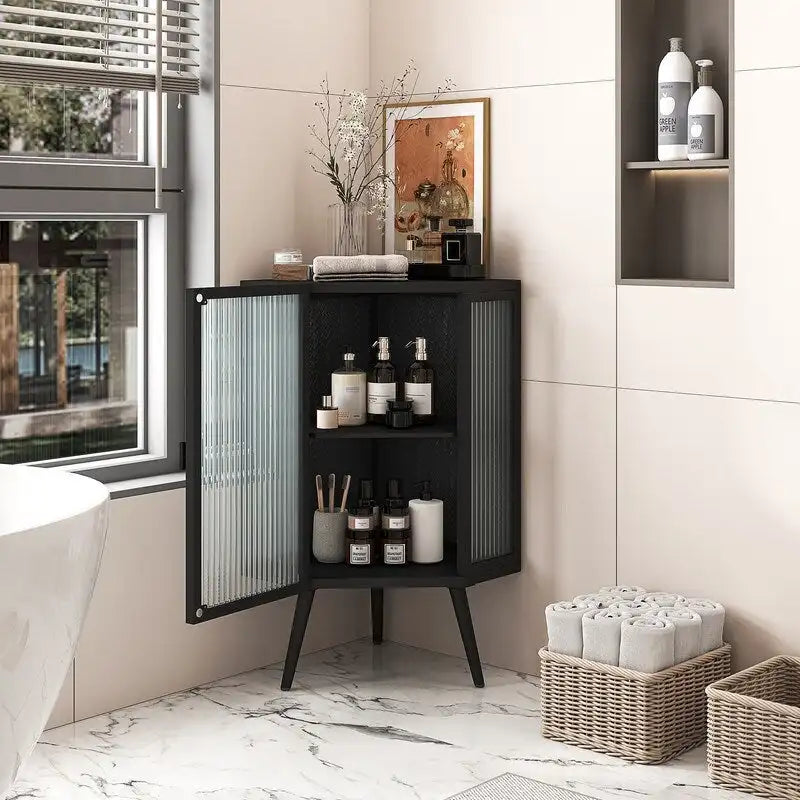 Meuble d'angle de salle de bain de style moderne de 22,25 po avec portes en verre trempé et étagère intérieure réglable