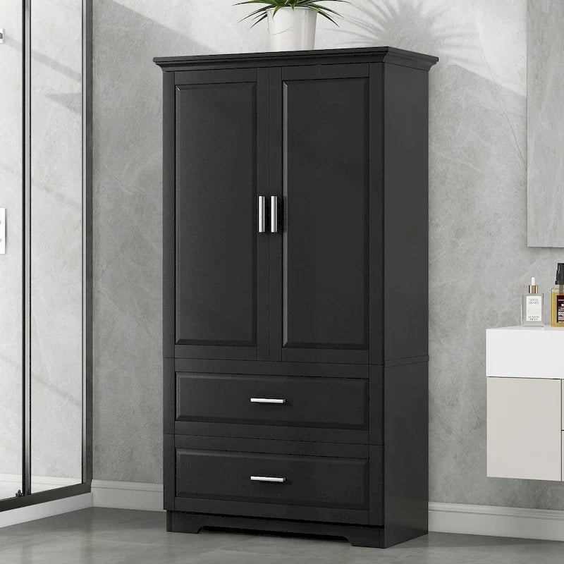 Meuble de rangement de salle de bain haut noir avec 2 portes, tiroirs et étagère réglable