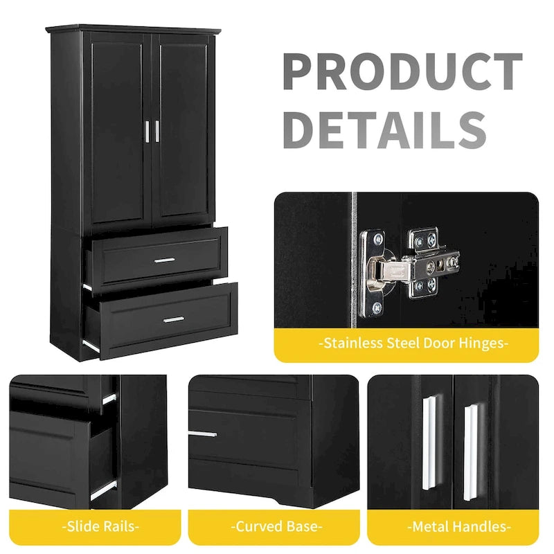 Meuble de rangement de salle de bain haut noir avec 2 portes, tiroirs et étagère réglable