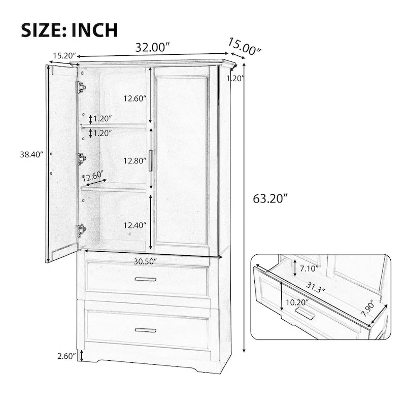Meuble de rangement de salle de bain haut noir avec 2 portes, tiroirs et étagère réglable
