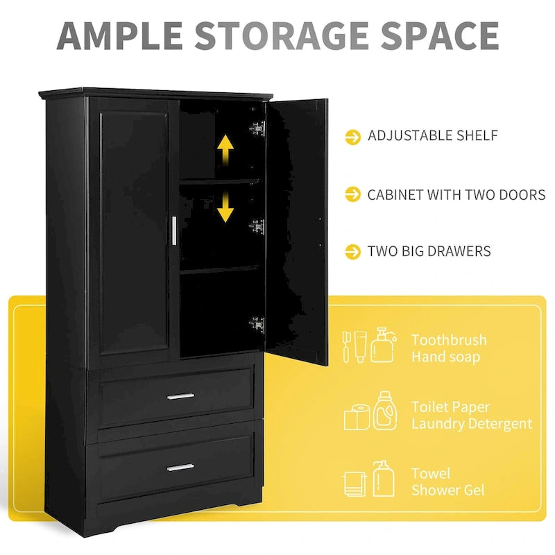 Meuble de rangement de salle de bain haut noir avec 2 portes, tiroirs et étagère réglable