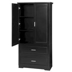 Meuble de rangement de salle de bain haut noir avec 2 portes, tiroirs et étagère réglable
