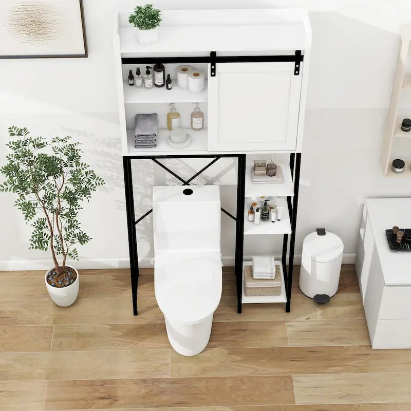 Meuble de rangement pour toilettes avec porte coulissante type grange et étagères réglables