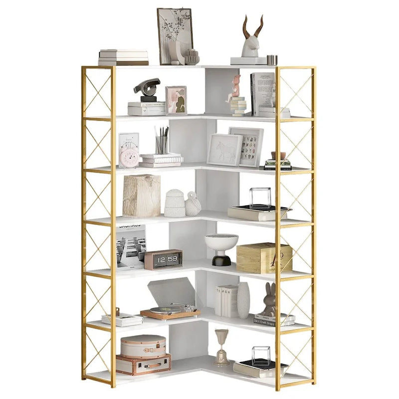 Bibliothèque 7 niveaux, étagère de bureau à domicile, bibliothèque d'angle en forme de L avec cadre en métal, panneau MDF - 37,4*37,4*709