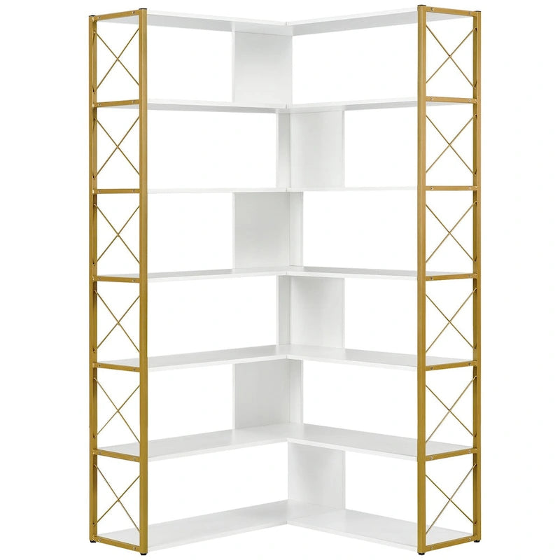 Bibliothèque 7 niveaux, étagère de bureau à domicile, bibliothèque d'angle en forme de L avec cadre en métal, panneau MDF - 37,4*37,4*709