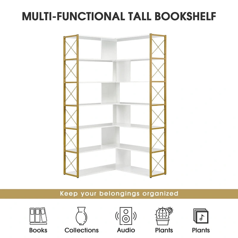 Bibliothèque 7 niveaux, étagère de bureau à domicile, bibliothèque d'angle en forme de L avec cadre en métal, panneau MDF - 37,4*37,4*709
