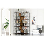 Bibliothèque 7 niveaux, étagère de bureau à domicile, bibliothèque d'angle en forme de L avec cadre en métal, panneau MDF - 37,4*37,4*709