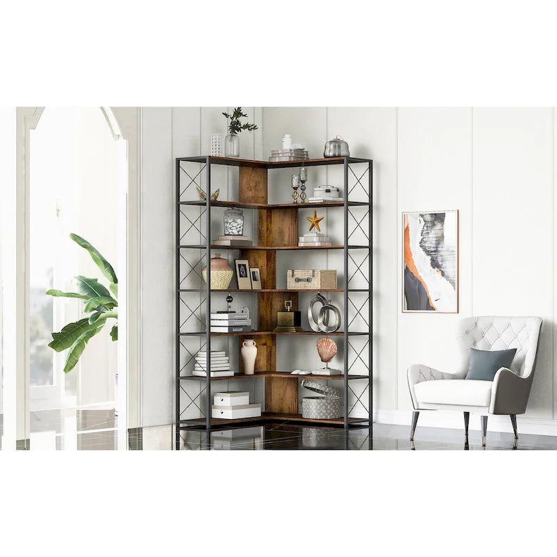 Bibliothèque 7 niveaux, étagère de bureau à domicile, bibliothèque d'angle en forme de L avec cadre en métal, panneau MDF - 37,4*37,4*709