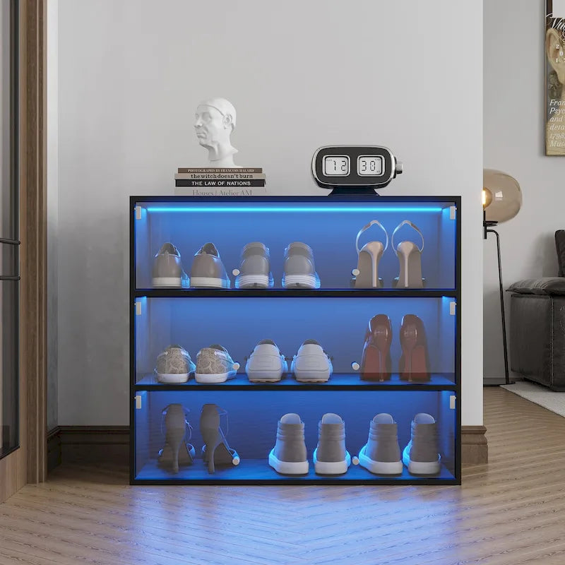 Meuble à chaussures avec porte en verre noir et éclairage LED RVB