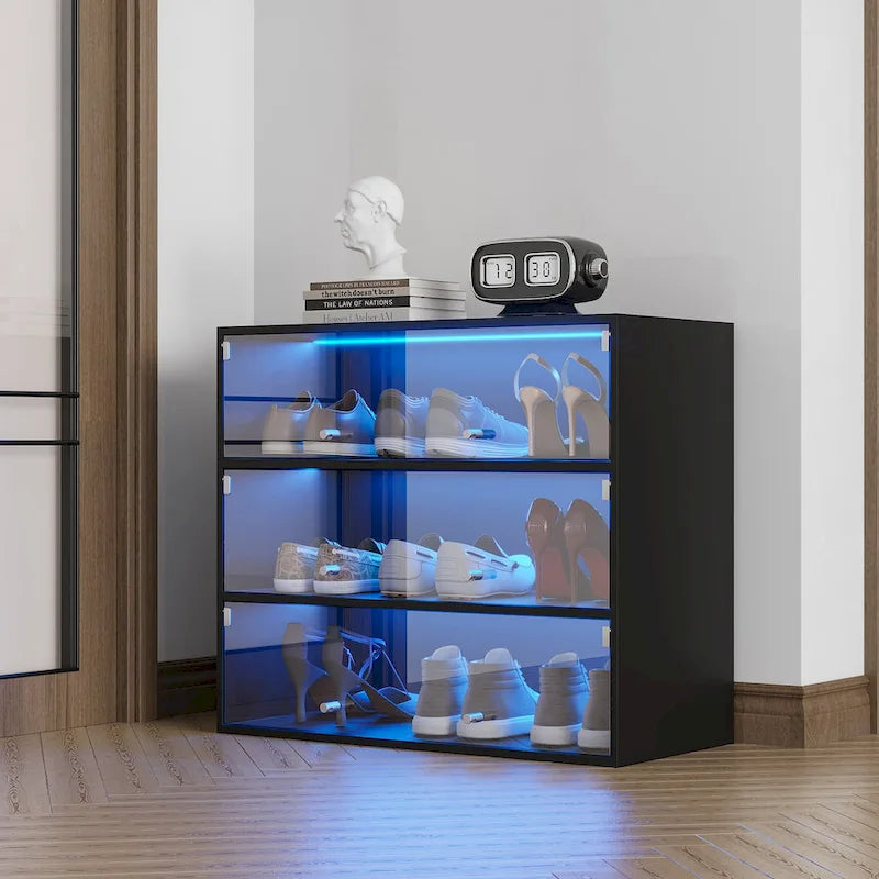 Meuble à chaussures avec porte en verre noir et éclairage LED RVB