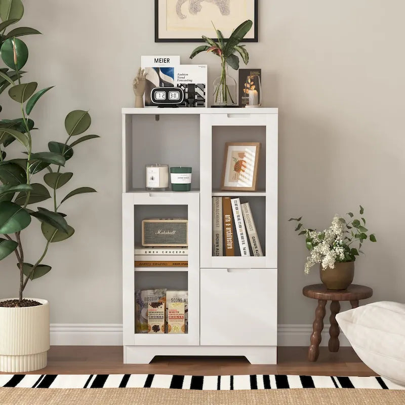 Meuble bas en bois avec 2 portes vitrées et 2 compartiments de rangement, pour salon, salle de bain ou entrée
