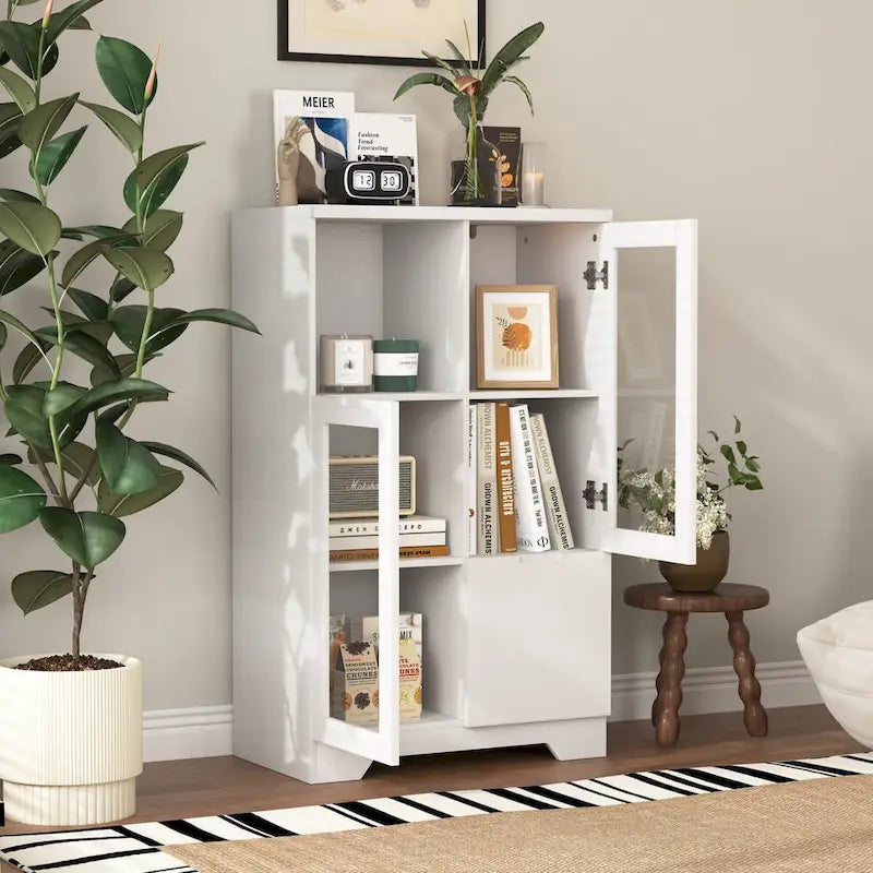 Meuble bas en bois avec 2 portes vitrées et 2 compartiments de rangement, pour salon, salle de bain ou entrée