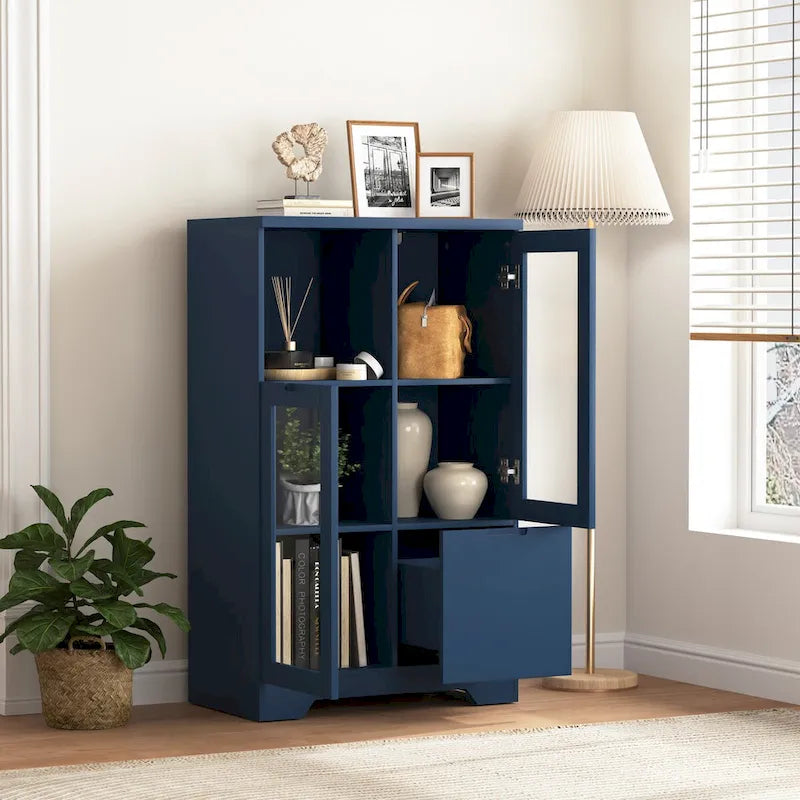 Meuble bas en bois avec 2 portes vitrées et 2 compartiments de rangement, pour salon, salle de bain ou entrée