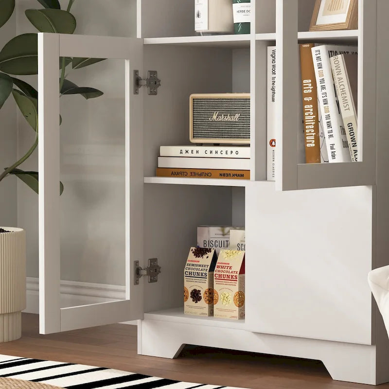 Meuble bas en bois avec 2 portes vitrées et 2 compartiments de rangement, pour salon, salle de bain ou entrée