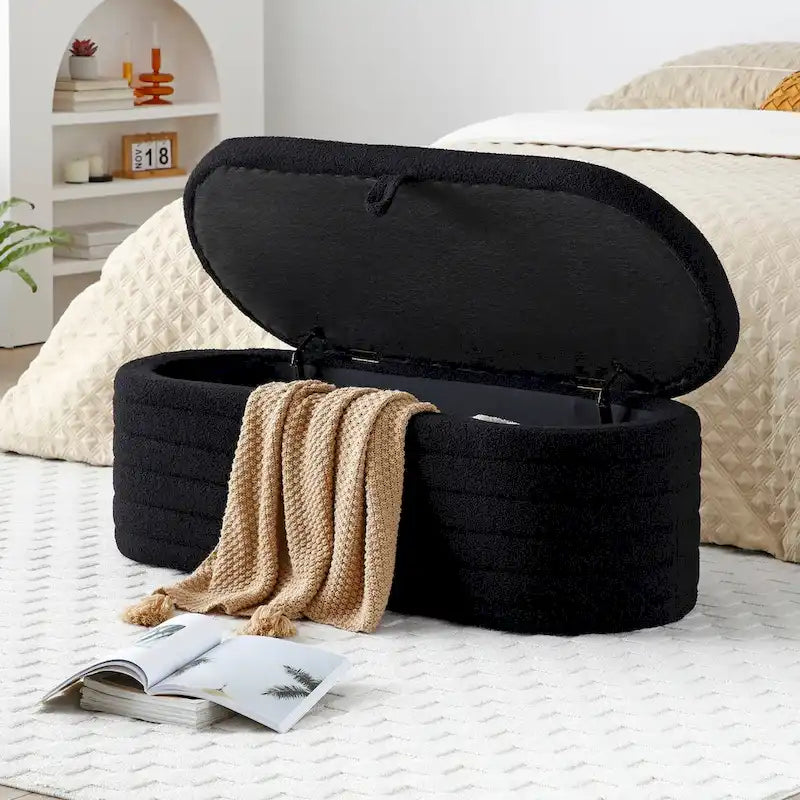 Banc de bout de lit avec rangement, rembourré en sherpa, grand banc pouf, tabouret à chaussures, long banc, banc de fenêtre, banc de rangement pour jouets